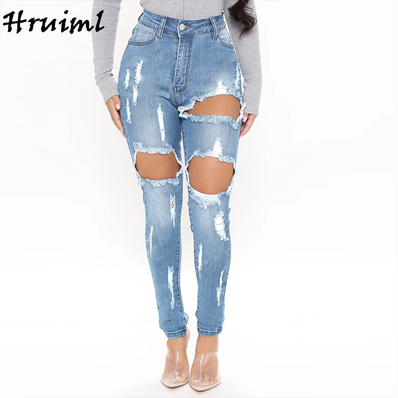 

С высокой талией Slim-fit джинсовые штаны; Новые модные однотонные Цвет на каждый день женские СКИННИ ДЖИНСЫ с большими дырками персонализиров...