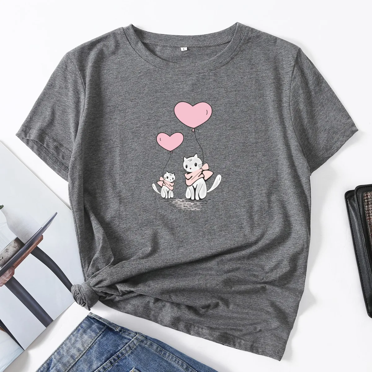 

Женская футболка с рисунком кошек и сердец, женские летние топы хлопок, с коротким рукавом