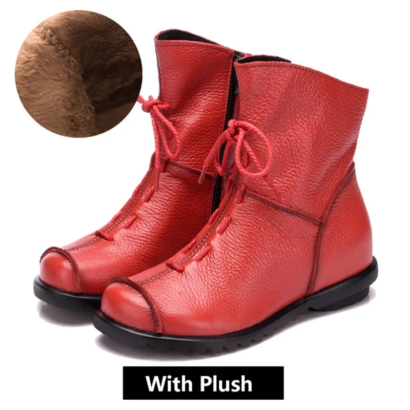 Red Plush UPUPER Genuine Leather Women's Shoes Handmade Moccasins Shoes Women Booties High Quality Winter Shoes Warm Leather Ankle Boots - Цвет: Red Plush