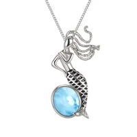 hot selling high quality 925 sterling silver natural larimar mermaid charms larimar pendant women pendant necklace for gift