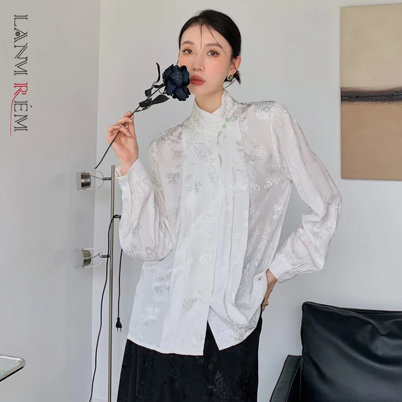 

LANMREM 2022 New Women Spring Autumn Turtleneck Solid Color Print Single Breasted Ladies Casual Fashion All-match Shirt 2J261