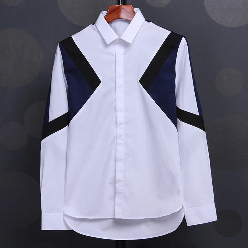 Модная мужская рубашка в стиле пэчворк 2019 брендовая деловая Мужская с длинным