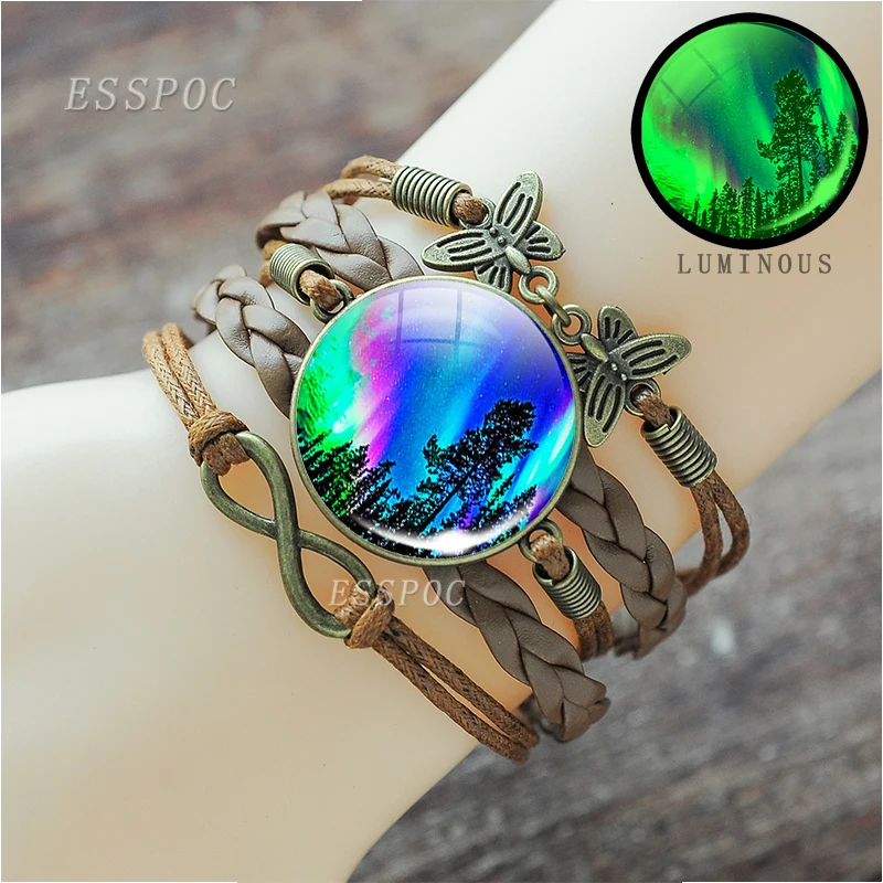 Светящиеся стеклянные коричневые кожаные браслеты ручной работы для женщин