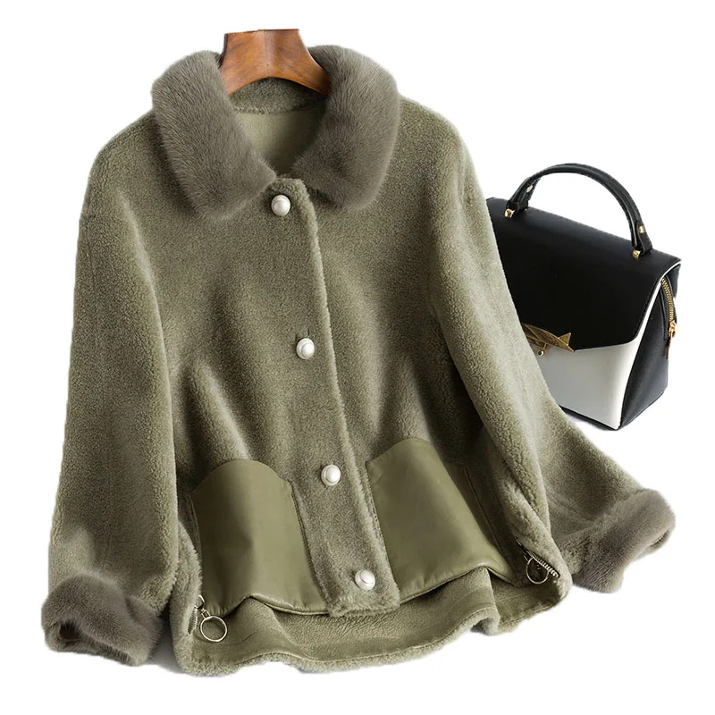 Пальто из корейской норки с меховым воротником 100% шерсть Женская куртка на осень