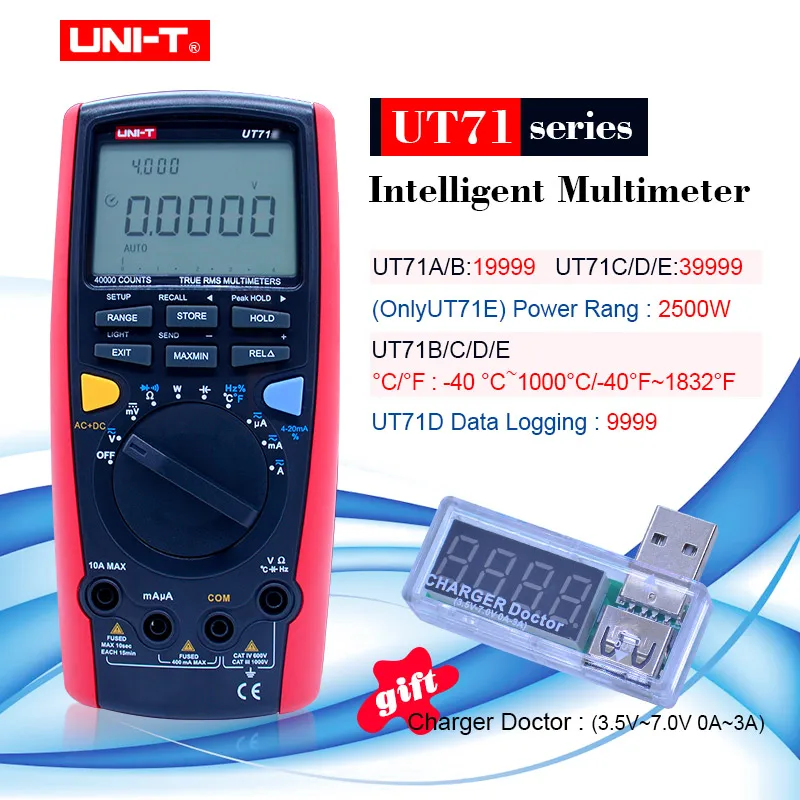 UNI-T UT71 Series Digital MultiMeter Ture RMS AC DC meter Volt Ampere Ohm Capacitance Temp tester 40000 counts 0.025% accuracy