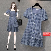 ehqaxin summer new womens dress fashion square collar single breasted short sleeved dress with the same knitted chain bag m 4xl