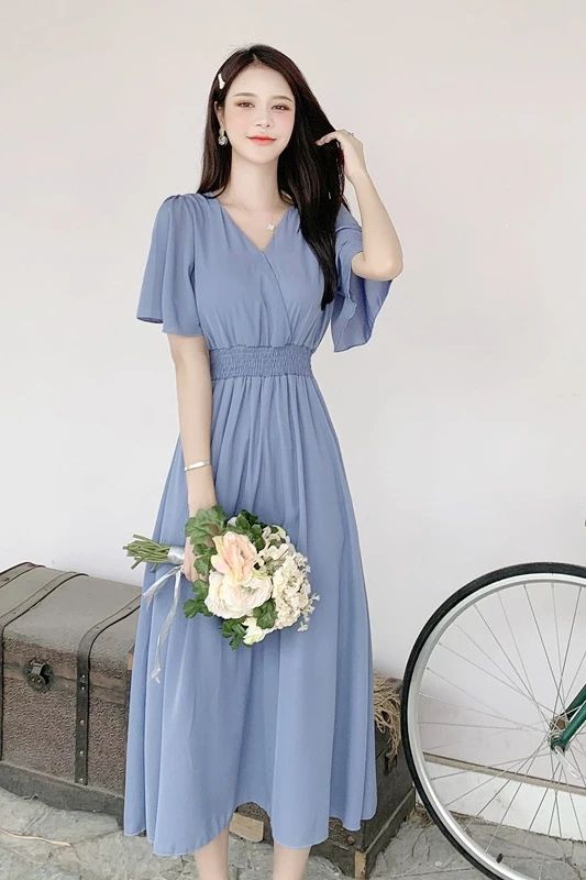 

COIGARSAM Cute Chiffon Women Long dress New Summer V-Neck Dresses Blue 666