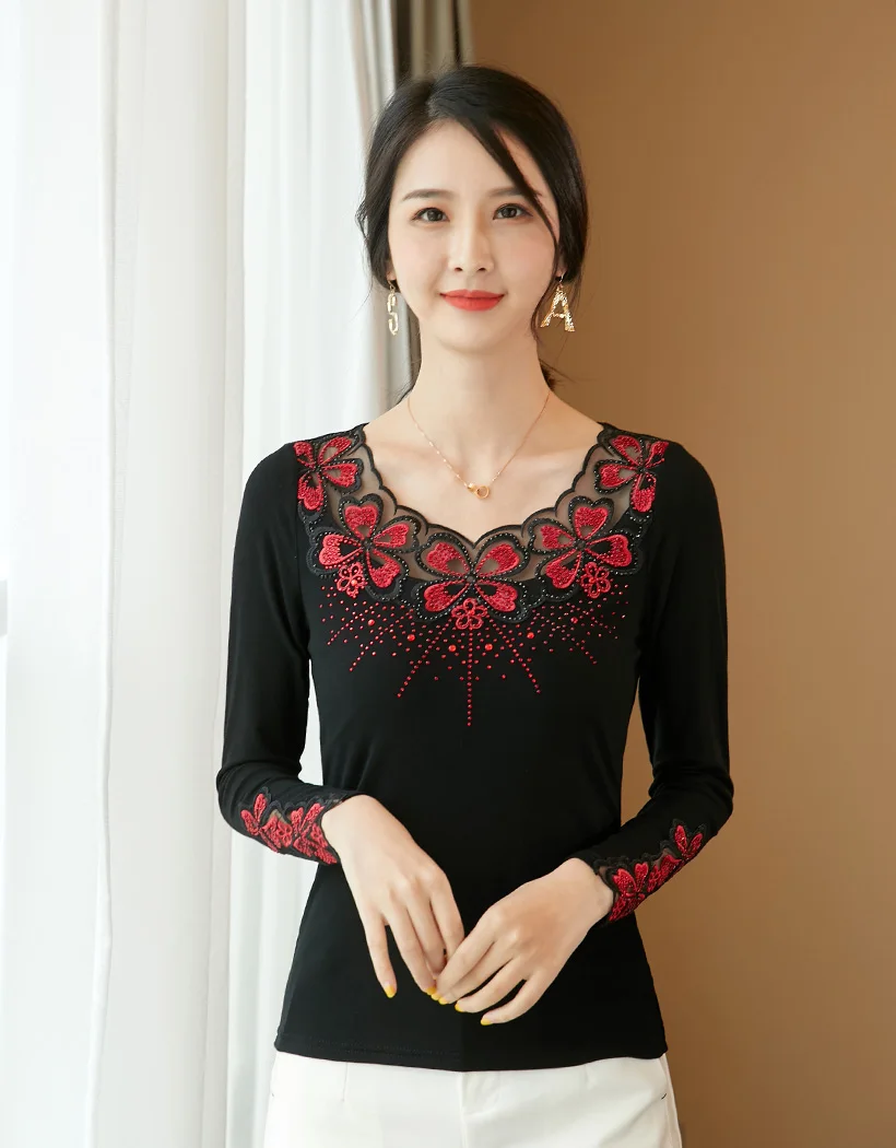 Blusas mujer de moda, Осенние сетчатые топы с длинными рукавами и вышивкой, модная Повседневная Блузка с бриллиантами, рубашка, большие размеры