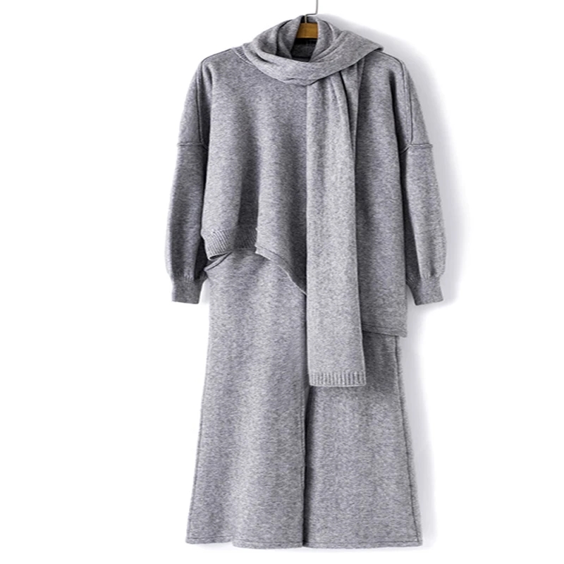 Женский шерстяной Теплый вязаный костюм пуловер с широкими штанинами и штаны