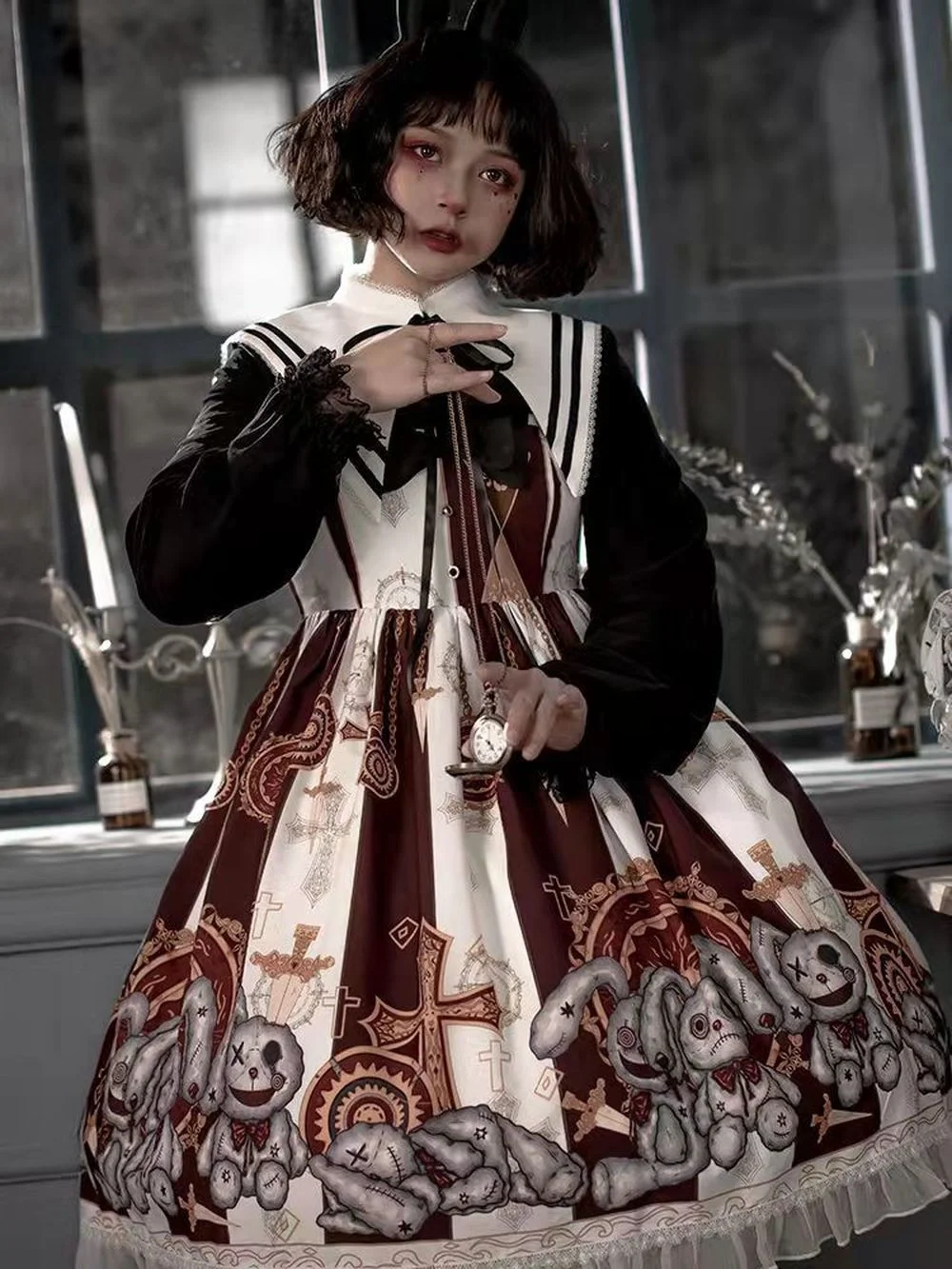 Женский костюм для косплея лолита готическое платье с оборками и крестиком в