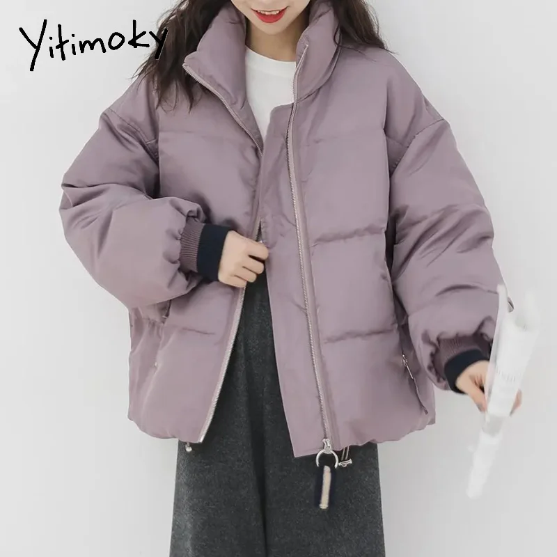 

2021Yitimoky Женская куртка фиолетовый воротник-стойка короткое пальто хлопковая зимняя новая одежда модная теплая Женская парка на молнии с под...