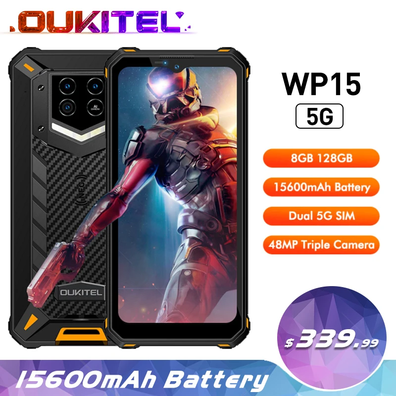 Oukitel teléfono inteligente WP15, móvil resistente de 15600mAh, 128GB + 8GB, 6,5 pulgadas, HD + Octa Core, Android 11, 48MP, MT6833, NFC (0)