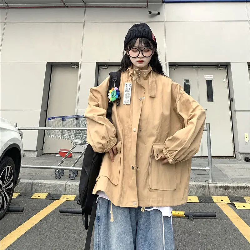 

Solid color tooling stand-up collar zipper street female loose jacket Y2K clothing clothes vero windbreaker coat streetwear top