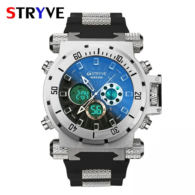 Silver Black Модные мужские военные спортивные часы, мужские s светодиодный цифровой водонепроницаемый кварцевые часы, мужские часы с большим циферблатом и двойным дисплеем, мужские часы - Цвет: Silver Black