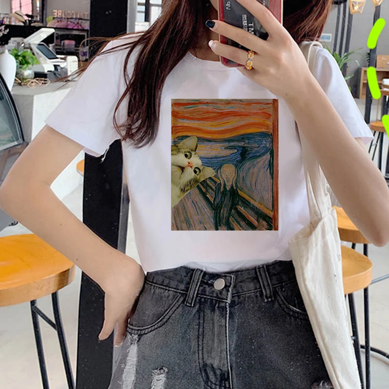 

2020 Summer Women T-shirt Paintings of cats Printed Tshirts Casual Tops Tee Harajuku 90s Vintage White tshirt Female Clothing
