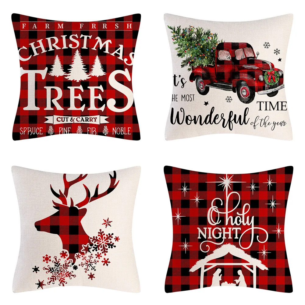 

Christmas Cushion Covers 45x45 cm Farmhouse Xmas Decor Red Black Buffalo Plaids Santa Pillow Cover Winter Holiday Decorations