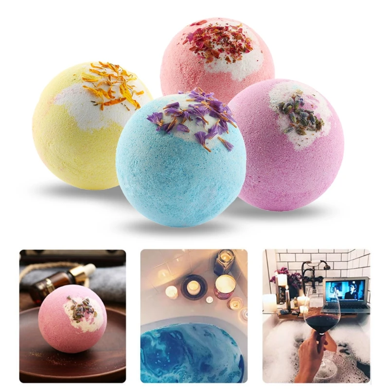 

4pcs 100g Bath Ball Bomb Explosion Bathing Ball Bubble Sea Salt Bath Ball with Dried Flower Deep Sea Salt Body Essential Oil