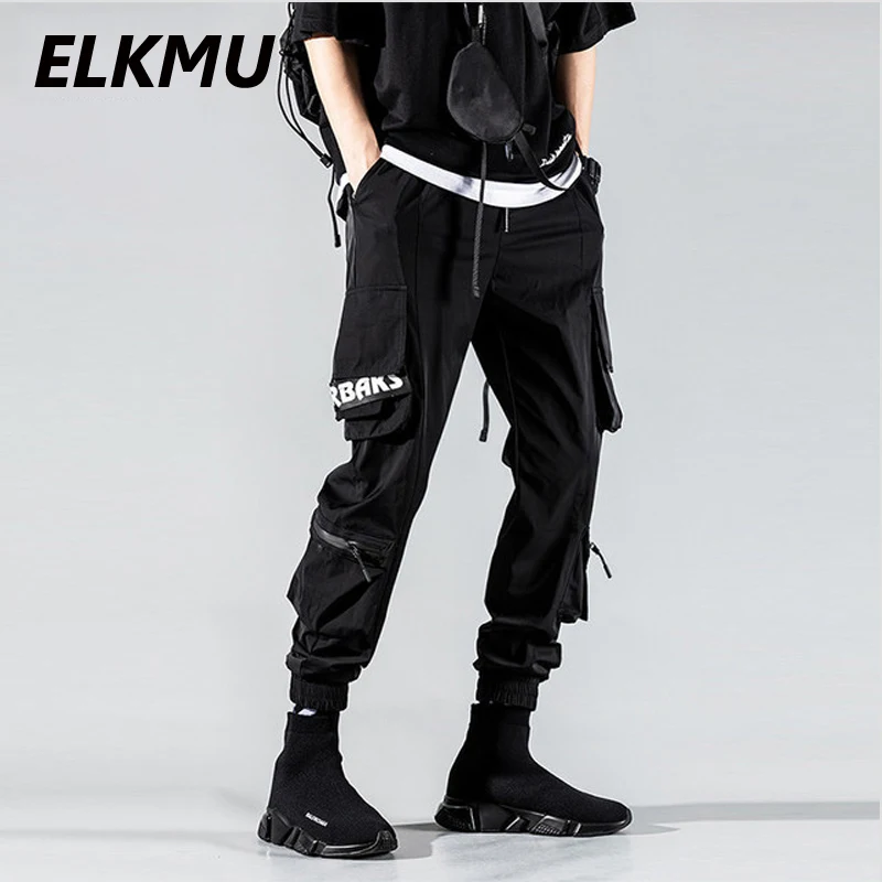 

ELKMU Mens Black Tactics Cargo Pants Joggers Streetwear Sweatpants Male Harajuku Ribbon Pocket Trousers Elastic Waist HM059