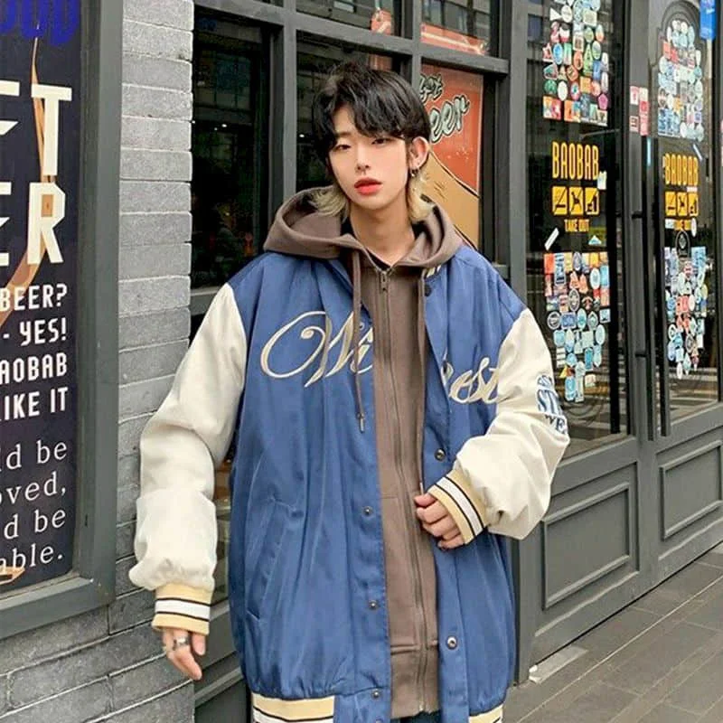 

Baseball Uniform Men Clothing Korean and Hong Kong Style Jacket Loose Tide Brand Flight Jacket Button All-match Retro Boy Coat