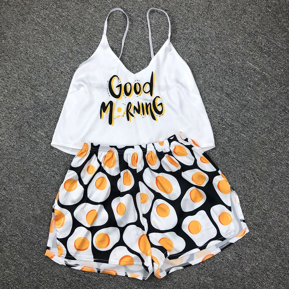 

Women's Sexy Pajama Sets Cartoon Pattern Pajamas Strap Sleeveless Cami Set Sleepwear Female Summer Pijamas Night Wear Home Suit