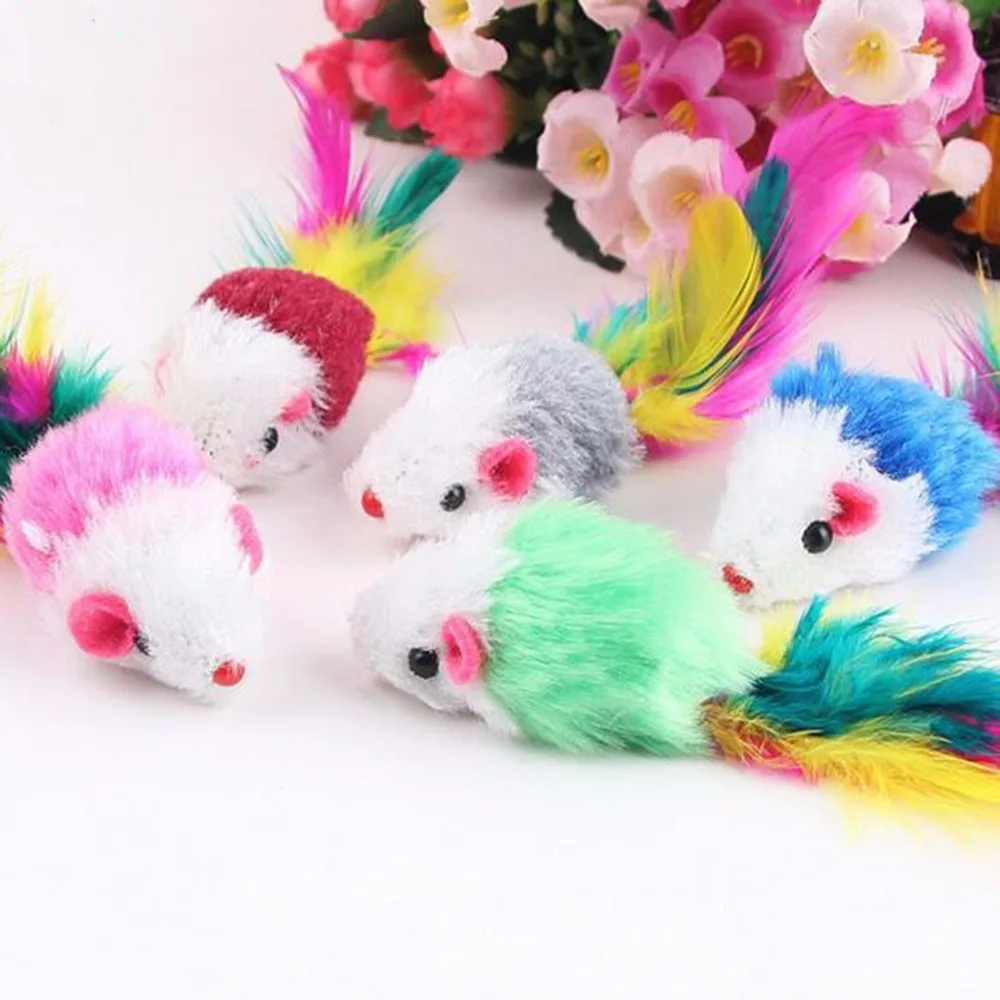 

Latest styles Funny 2Pcs Soft Fleece False Mouse Colorful Feather Kitten Toy Random Color