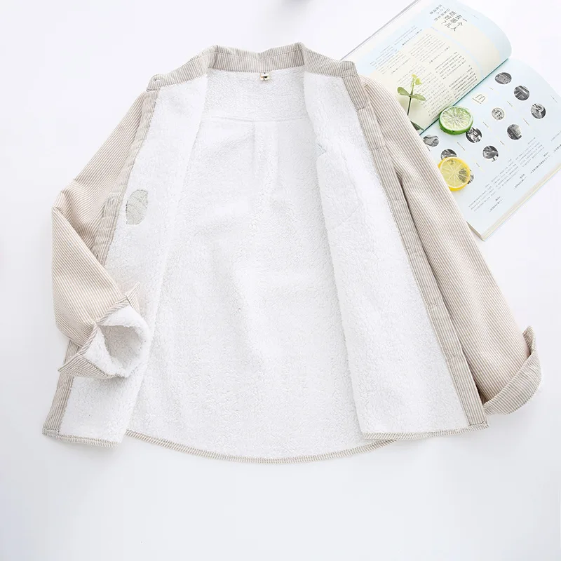 

Brand New Winter Warm Women Velvet Thicker Jacket striped Shirt Style Coat Female College Style Casual Jacket Outerwear