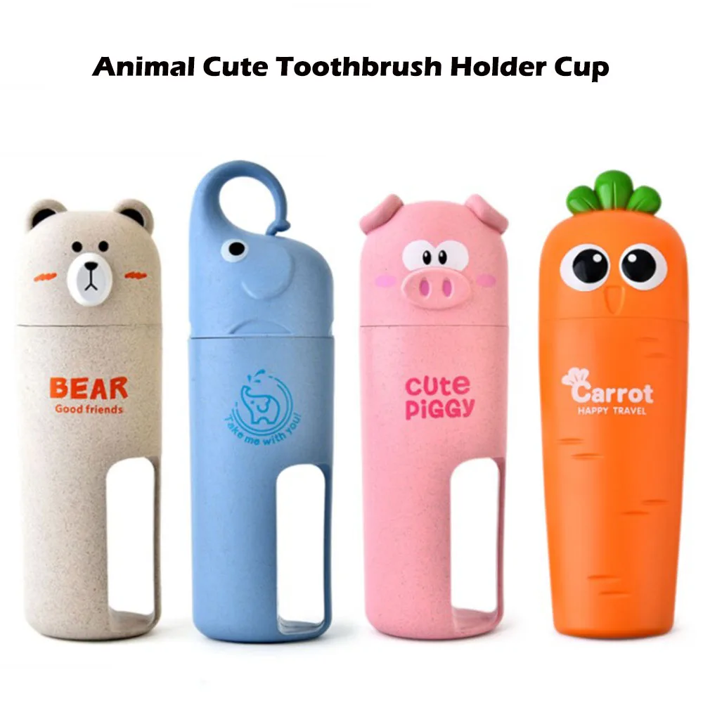 

Waterproof Wheat Fiber Animal Cartoon Bear/Carrot/Elephant/Pig Travel Storage Toothpaste Toothbrush Tumbler Holder Cup With Cap