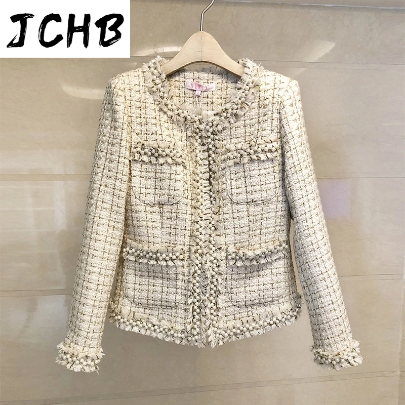 

2021 Winter Autumn Women Elegant Tweed Coats Ladies O-neck Beading Fringe Tassel Short Woolen Jackets Blue Apricot Y200