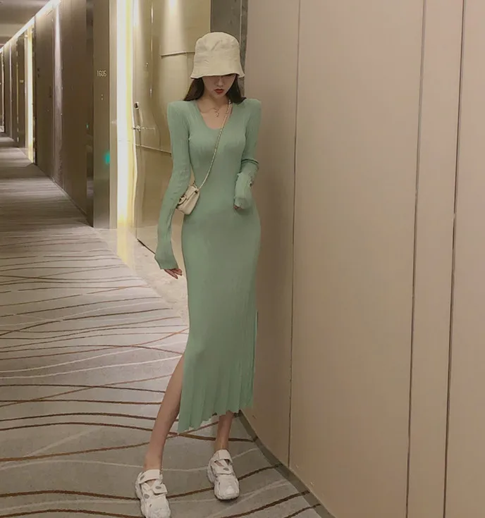 

2020 Autumn New Arrival Korean Style Solid Color Slim Sexy Knit Dress Waist Temperament Dress Female Free Shipping