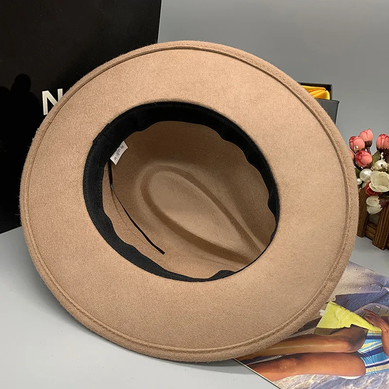 

202102-fcm-395 new spring khaki wool gold ribbon fedoras cap men women leisure panama jazz hat