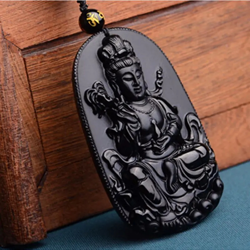 Природный Черный Обсидиан Резной южный Китай море Гуаньинь Будда Подвески