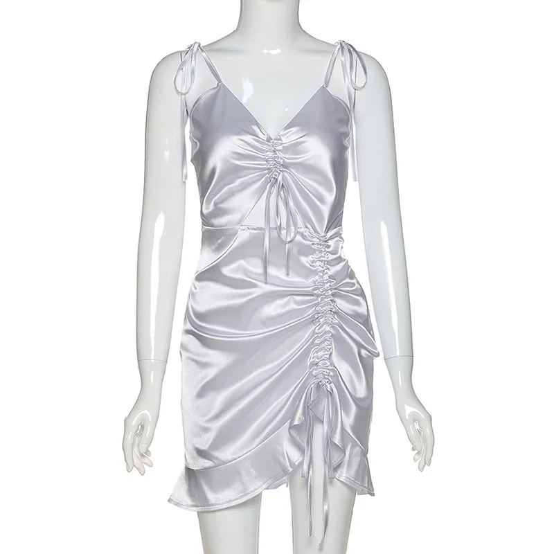 

Summer Ruffle Women's Sling Dress Drawstring Pleated Slim Bow Hollow Out V-Neck Dresses Imitation Silk Adjustable Strap Dress