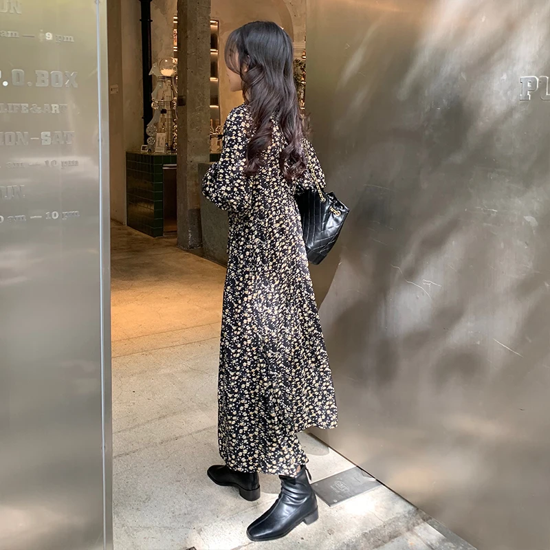 Женские повседневные платья в стиле ретро с длинным рукавом черные шифоновые