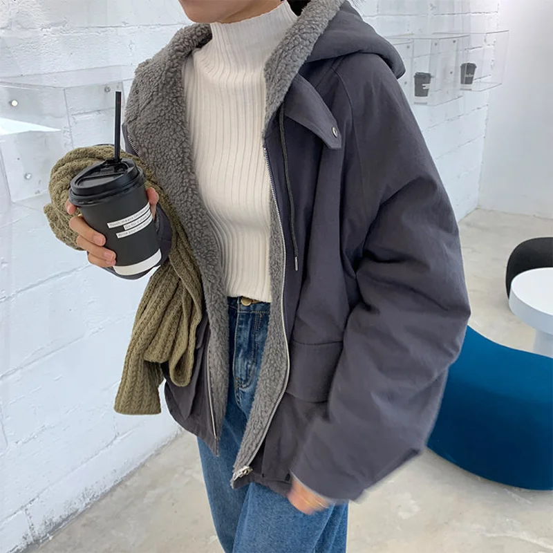 

2021 женские толстые теплые однотонные парки из меха ягненка, Большие куртки, зимняя верхняя одежда с капюшоном, двухсторонняя Женская одежда с карманами