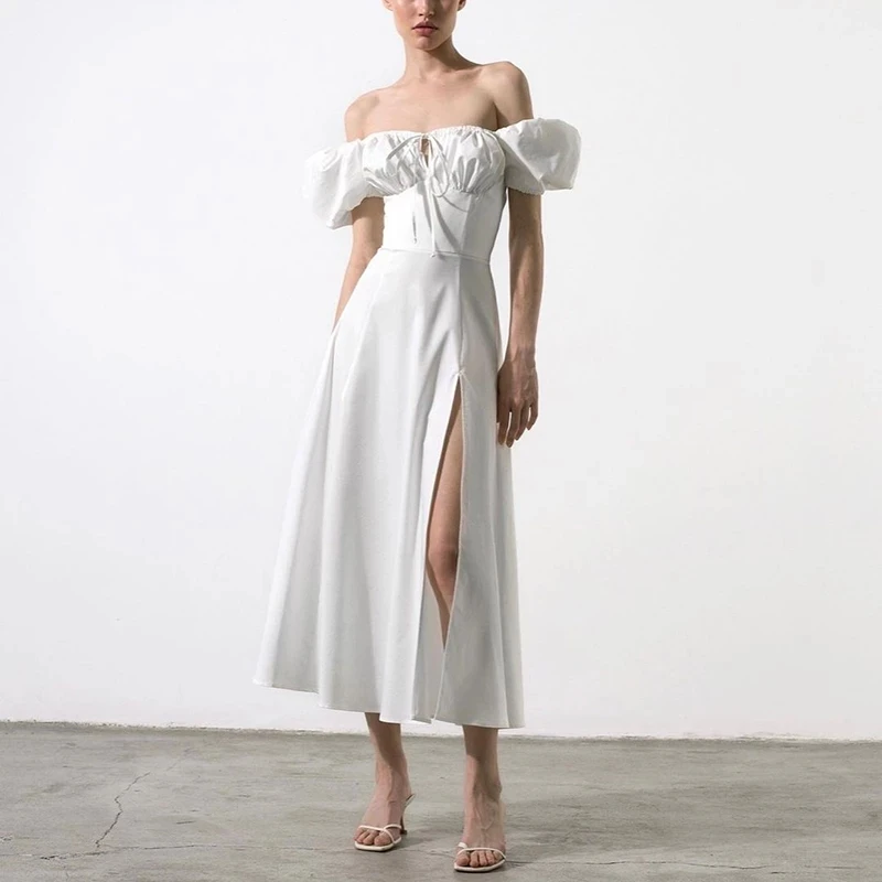 

Puff Sleeve White Dress Off Shoulder Cut out Tie up Side Split Ruched Long Dress robe femme Summer Dress for Women 2021