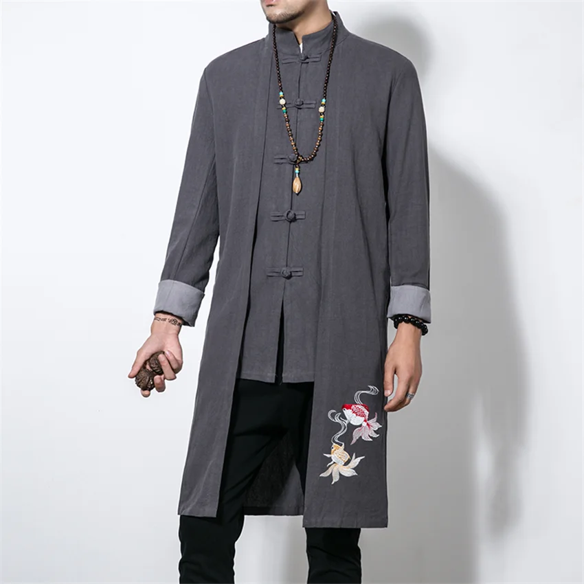 Осенняя мужская длинная куртка из хлопка и льна повседневная в китайском стиле