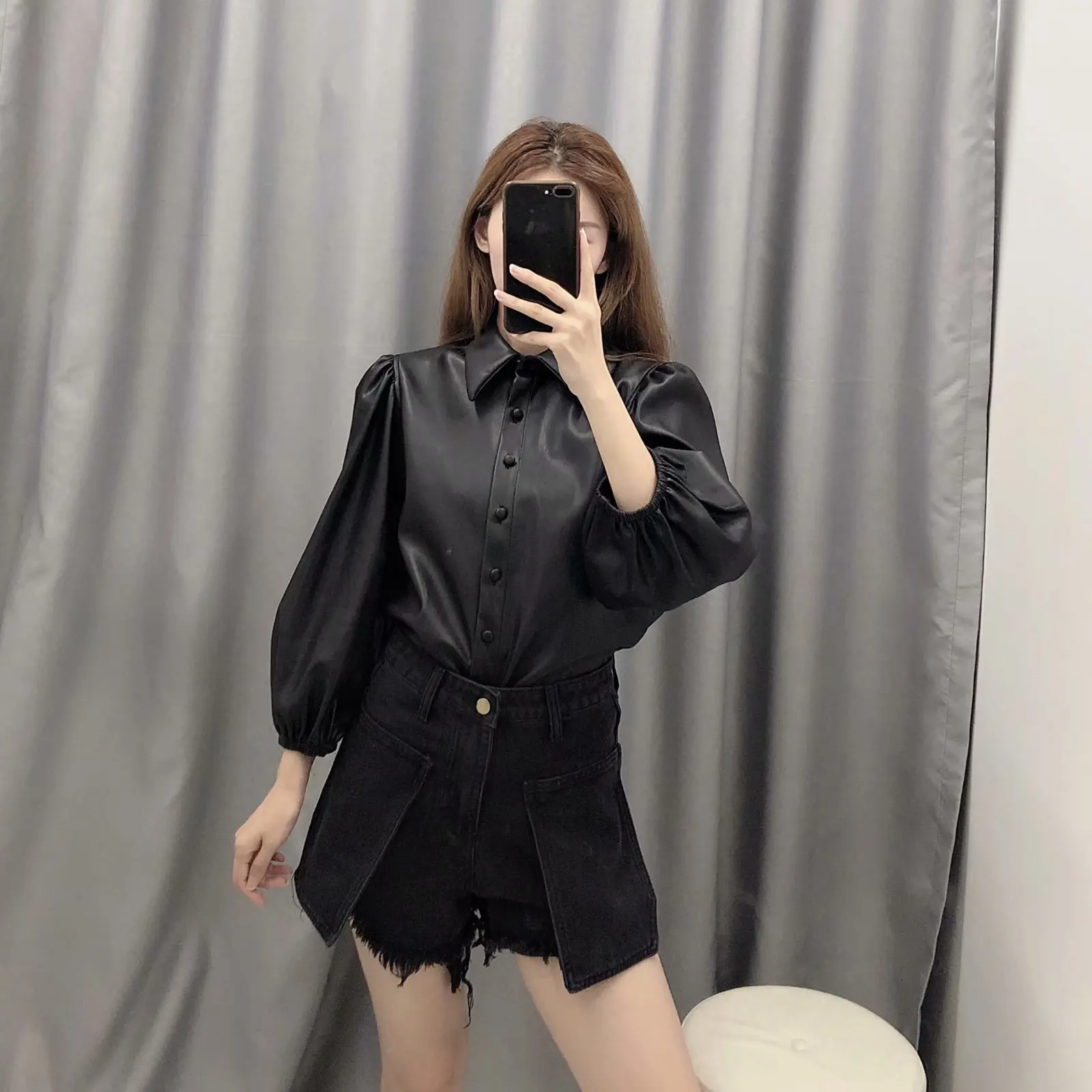 Женская рубашка с отложным воротником пиджак из искусственной кожи длинными