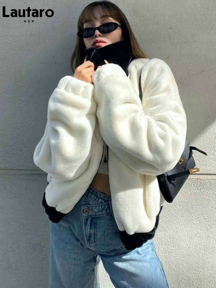 

Lautaro White and Black Faux Fur Coat Women Drop Shoulder Long Sleeve Zip Up Warm Oversized Fluffy Jacket Korean Fashion 2021