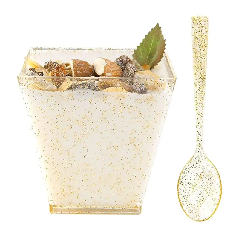 

50 Pack 2oz Gold Glitter Medium Plastic Dessert Cups With 50 Spoons Square Dessert Bowls for Tasting Party Desserts P15D