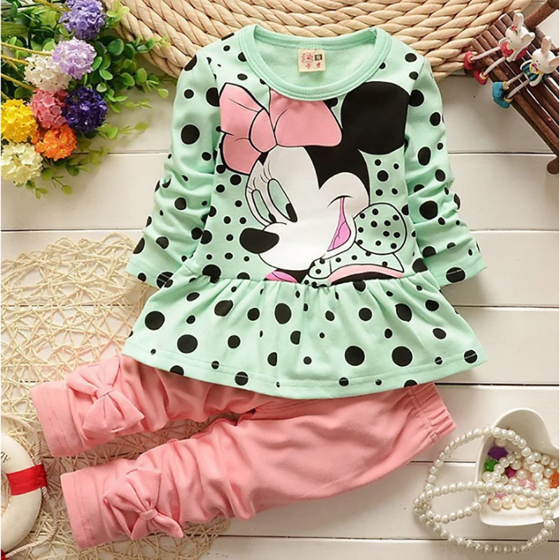 Fall Baby Girls Clothing Outfits Toddler Kids Cartoon Minnie Dot Long Sleeve T-shirt+Pants Sets Children Clothing Boy Clothes