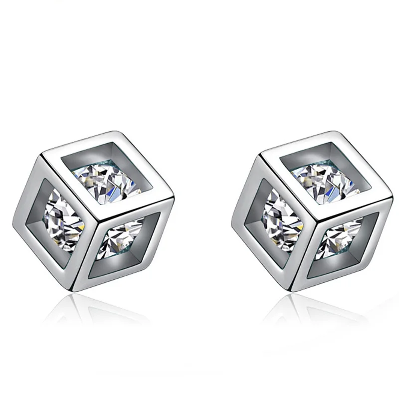 Stud Earrings Милый квадратный куб из стерлингового серебра 925 пробы, циркониевый кулон, ожерелье+ серьги для женщин, подарок, ожерелье-колье, ювелирный набор - Окраска металла: Stud Earrings