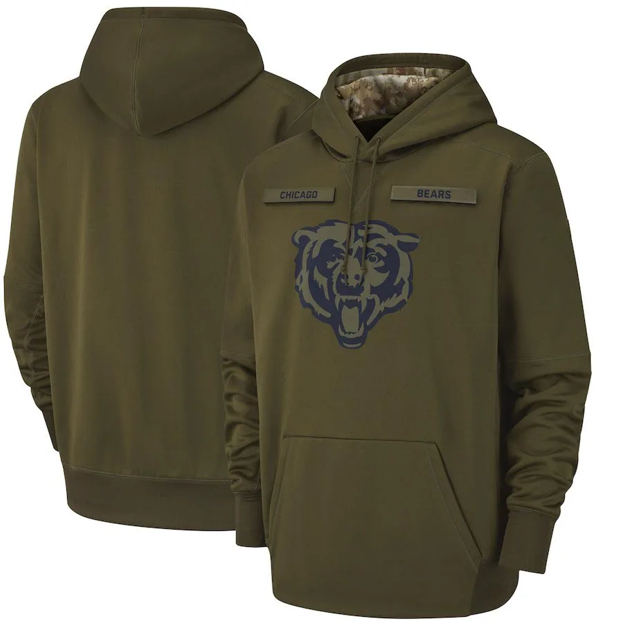 

Chicago Salute to Service Bears Men Olive Sideline Therma Performance Pullover Hoodie