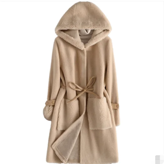 Женское зимнее пальто 2020 с капюшоном из натурального меха Овечья стрижка женская