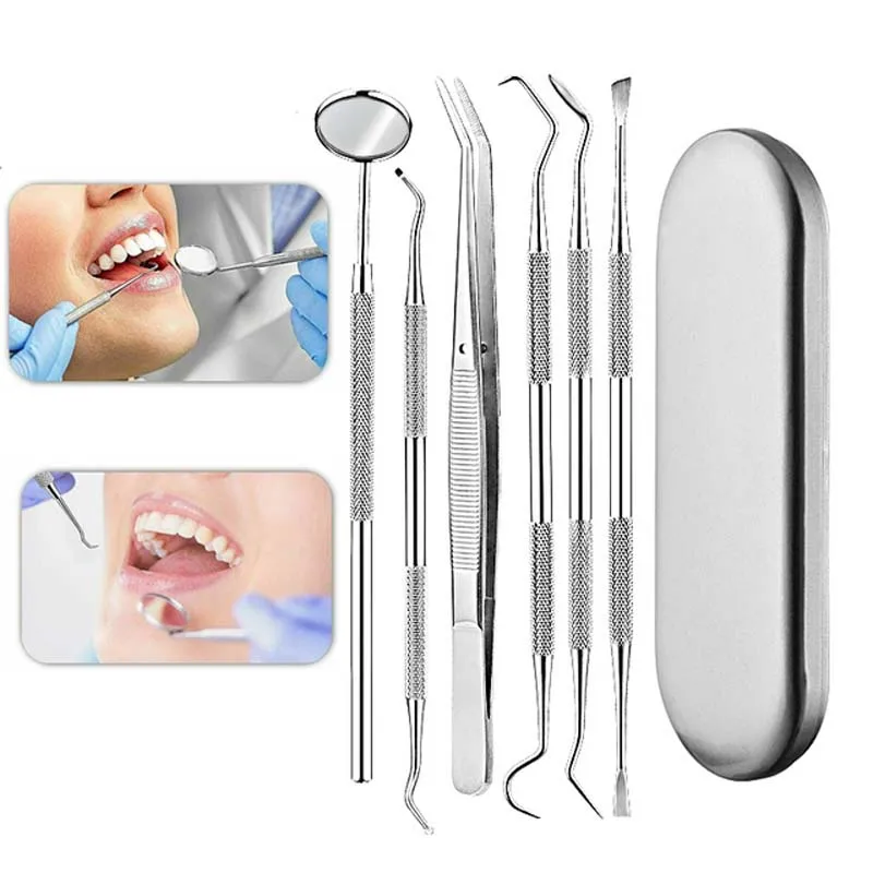 

Stainless Steel Dental Mirror, 5 Pieces/Set Prepared Probe Tool Set Dental Care Kit, Tweezers Sickle Cutlery Instrument