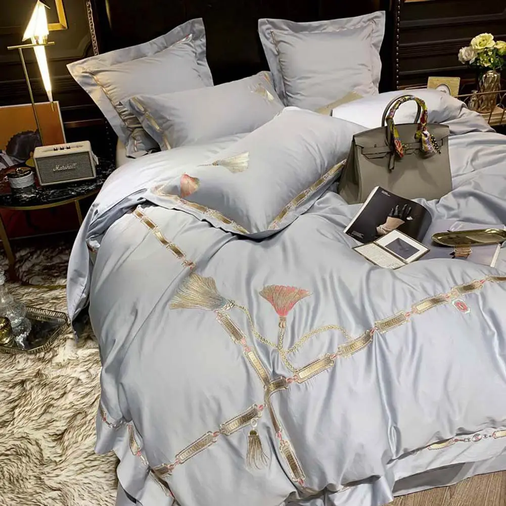

Papa&Mima Golden Luxury Linens Egyptian Cotton Bedding Set Embroidery Queen King Size Duvet Cover Fitted Sheet Pillowcase