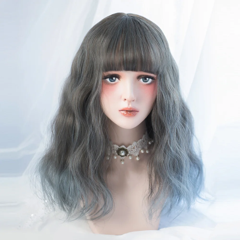 

Cosplay Cute Wave Lolita Medium Gray Green Synthetic Color Gradient Bangs Carnival Cosplay Wig Female Heat-resistant Fiber