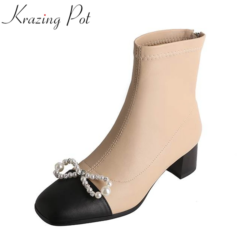 

Krazing Pot cow leather Chelsea boots square toe mixed color winter shoes zip med heels pearl bowtie butterfly-knot ankle boots