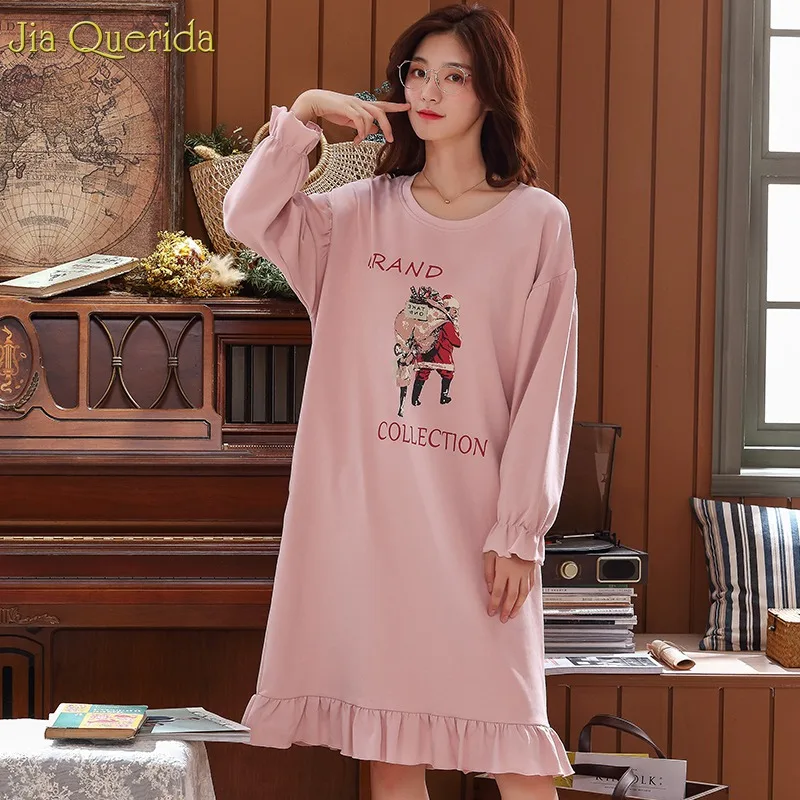 Женская ночная рубашка длинная свободная из хлопка розовая с длинными рукавами и