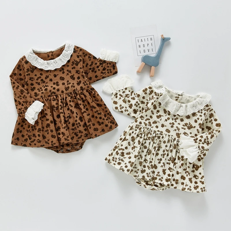 

0-24M Cute Baby Girls Casual Romper Floral Printed Pattern Ruffled Hem Collar Long Sleeve Bodysuit Brown/ Apricot