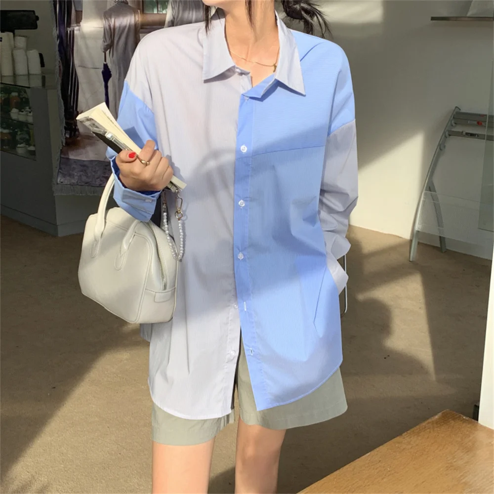 

Женская рубашка с отворотом HziriP, синяя рубашка в стиле пэчворк, тонкая, осенняя, 2021